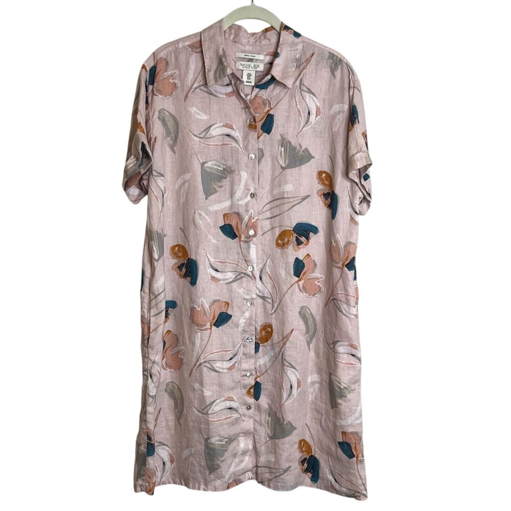 Rachel Zoe Shirt Dress Womens Medium Pink Floral 100% Linen Button Front